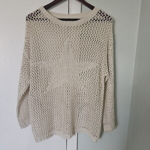 Open-Knit Star Crewneck Sweater in Cream